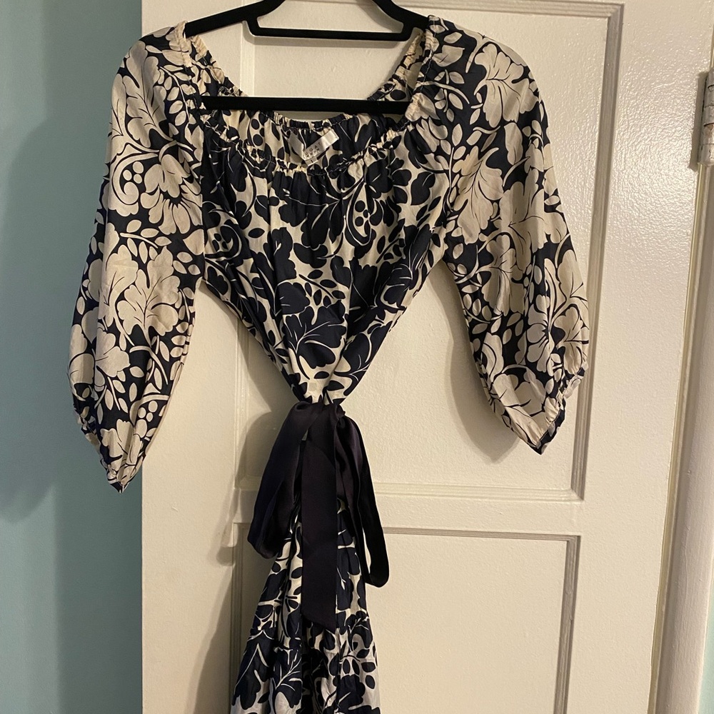 Nougat of London silk navy and ivory floral dress with silk belt